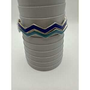 Pair Of Silver Tone Chevron Blue And Teal Enamel Bangle Bracelets Size 8